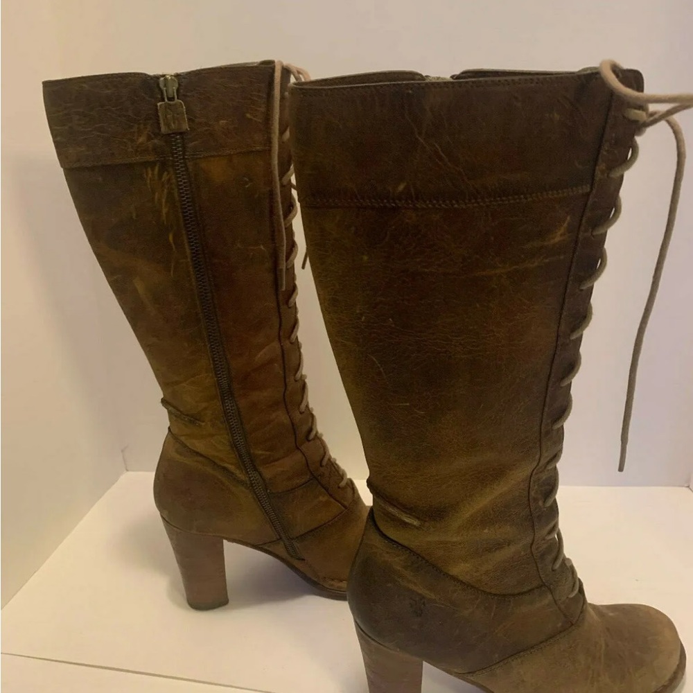 Frye Villager Lace Up Tall Boots stack heel Distressed brown Leather Siz… - Picture 5 of 11